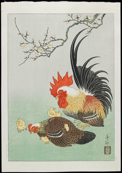 Rooster and Hen with Chicks by Ohara Koson